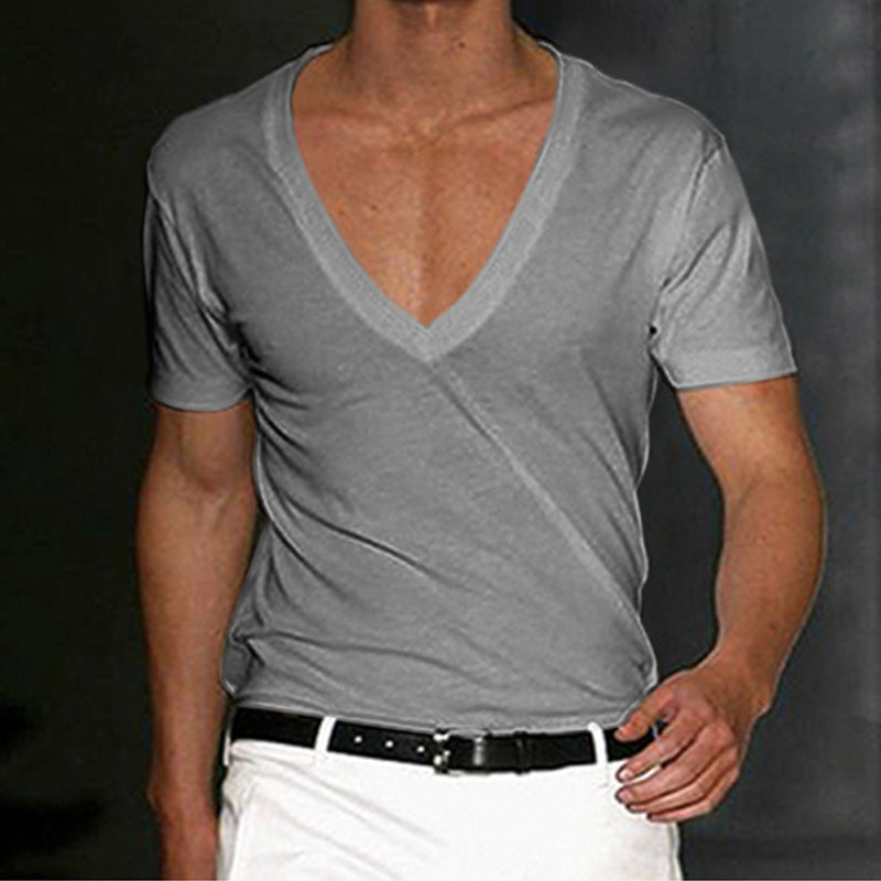 Deep V-Neck Cotton Short Sleeve T-Shirt