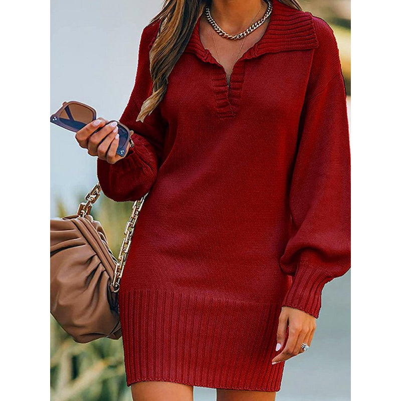 Solid Color Lapel Collar Rib Knitted Dress