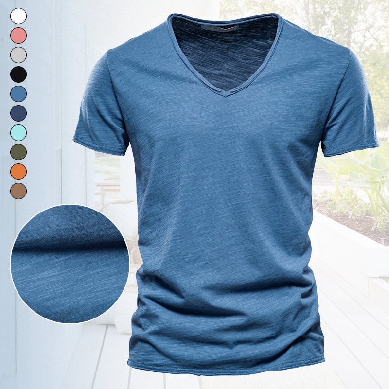 Plain Slub cotton V-neck T-shirt