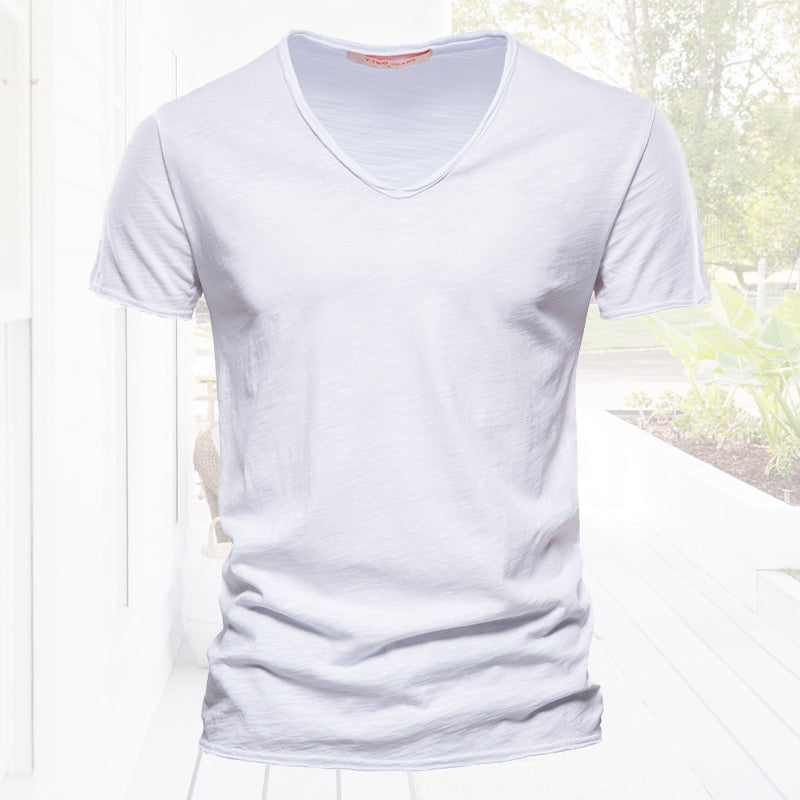 Plain Slub cotton V-neck T-shirt
