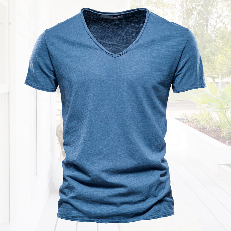 Plain Slub cotton V-neck T-shirt