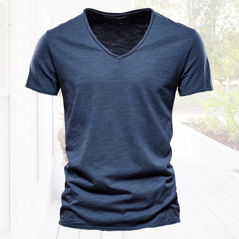 Plain Slub cotton V-neck T-shirt