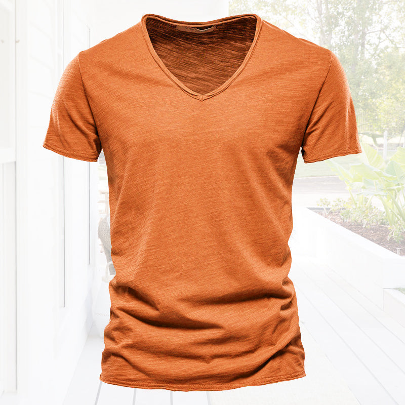 Plain Slub cotton V-neck T-shirt