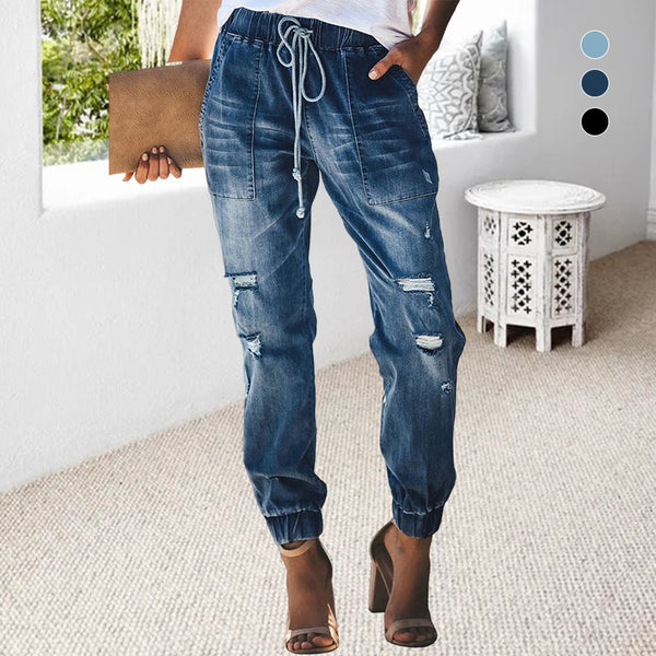 Comfortable Ripped Drawstring Jeans