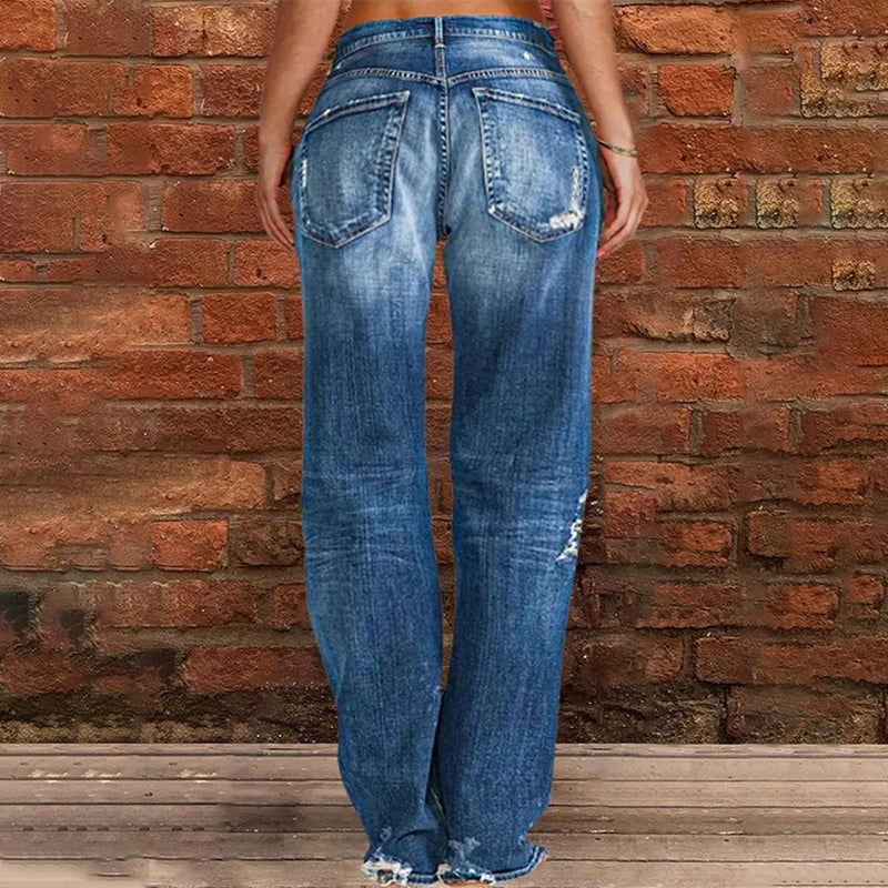Ripped Mid Waist Straight Leg Jeans