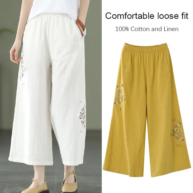 Cotton and Linen Embroidered Wide-leg Pants