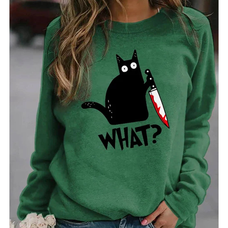 Halloween Fun Print Black Cat Sweatshirt