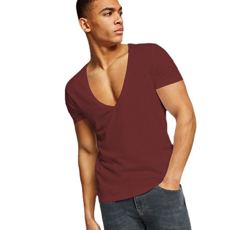 Deep V-Neck Cotton Short Sleeve T-Shirt