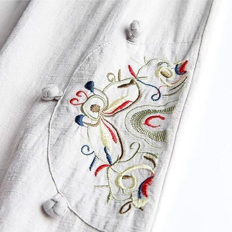 Cotton and Linen Embroidered Wide-leg Pants