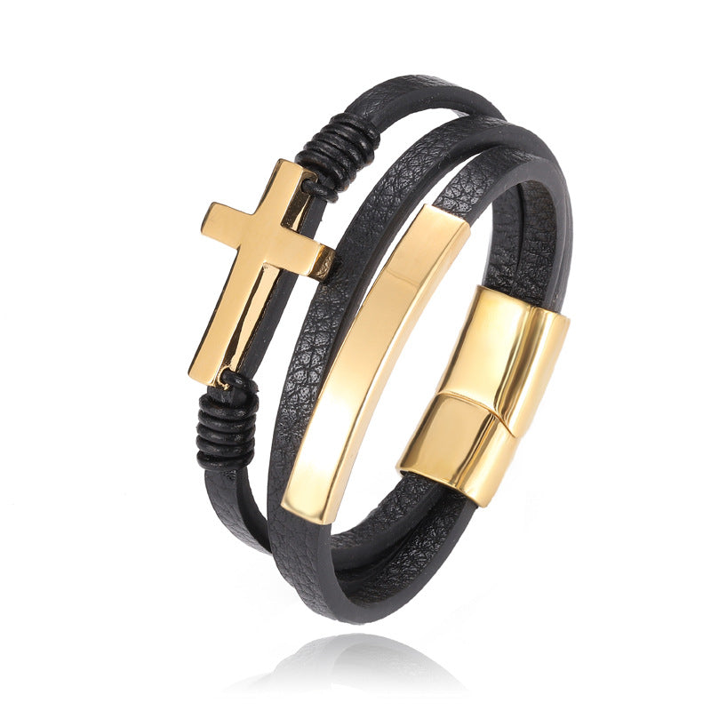Cross Style Multi-Layer Leather Bracelet
