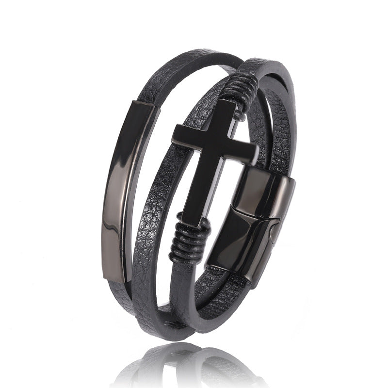 Cross Style Multi-Layer Leather Bracelet