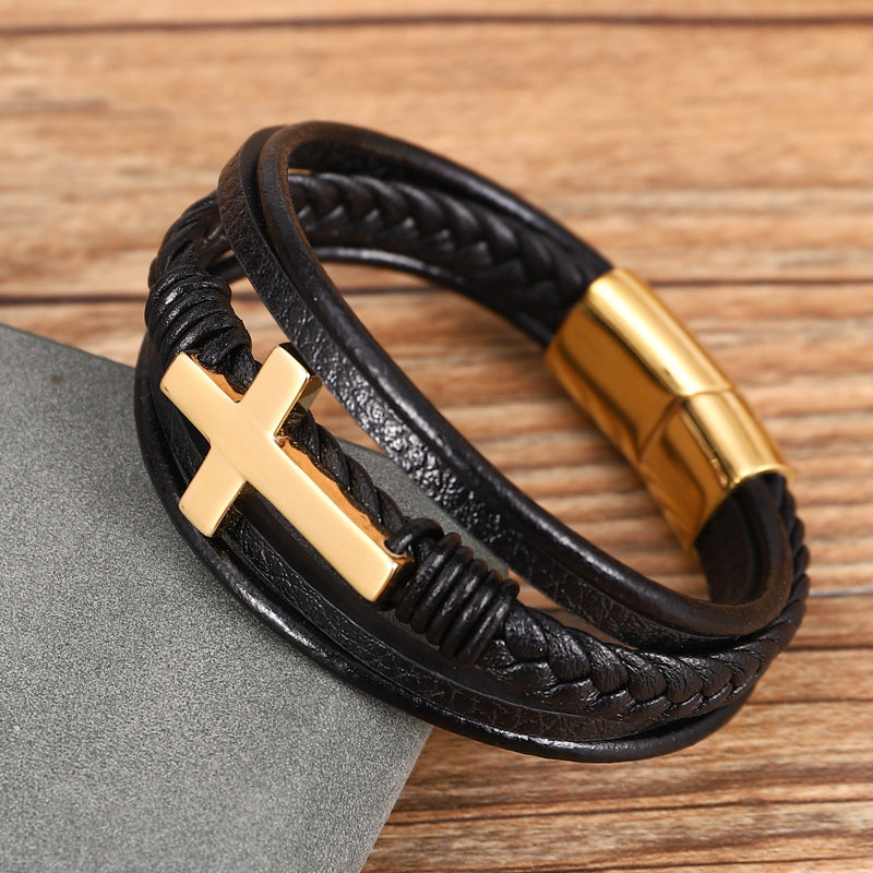 Cross Style Multi-Layer Leather Bracelet