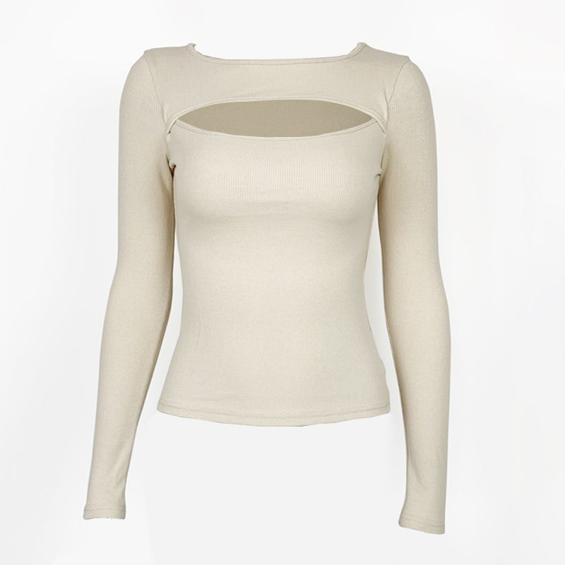 Sexy Chest Cutout Long Sleeve Ribbed Tops
