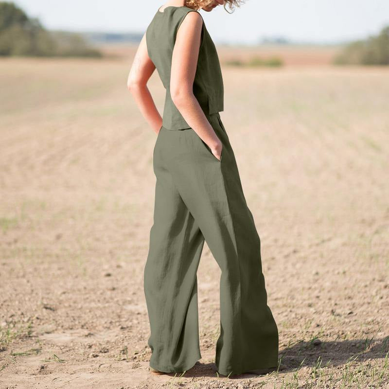 Solid Cotton Linen Casual Sleeveless Loose Suit