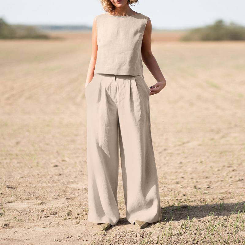 Solid Cotton Linen Casual Sleeveless Loose Suit