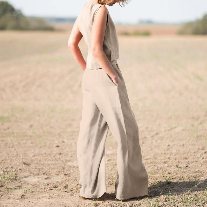 Solid Cotton Linen Casual Sleeveless Loose Suit