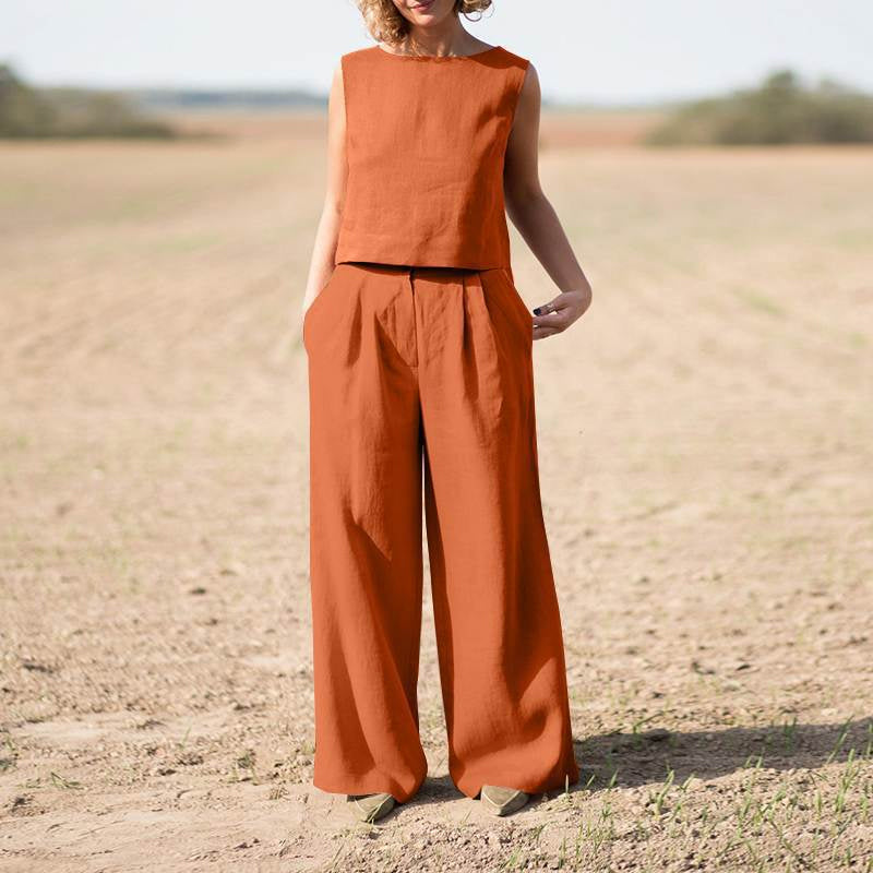 Solid Cotton Linen Casual Sleeveless Loose Suit