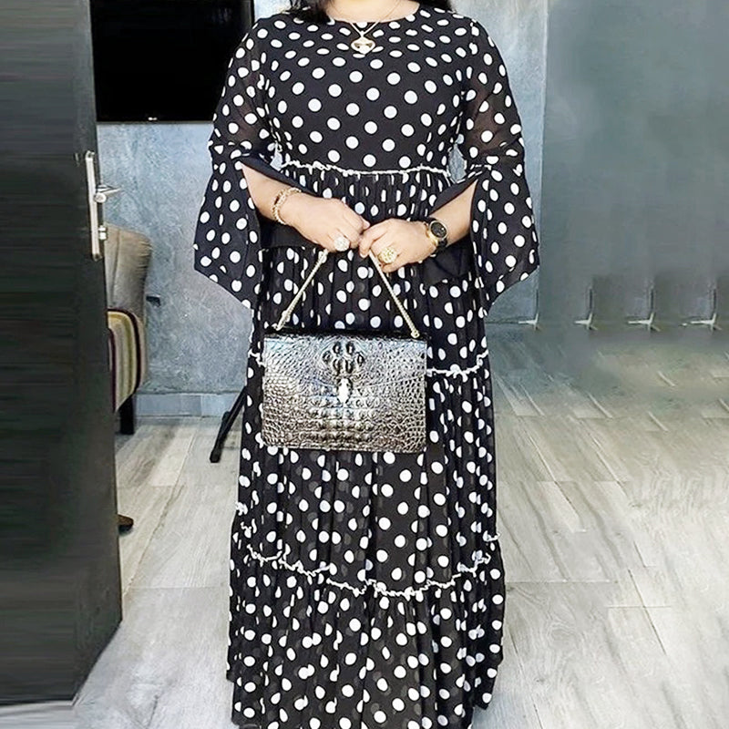 Polka Dot Print Splited Sleeve Pleated Maxi Dress