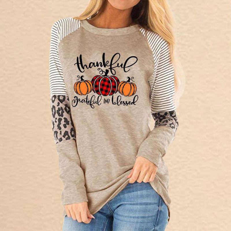 Thankful Striped Leopard Splicing Plaid Pumpkin T-Shirt