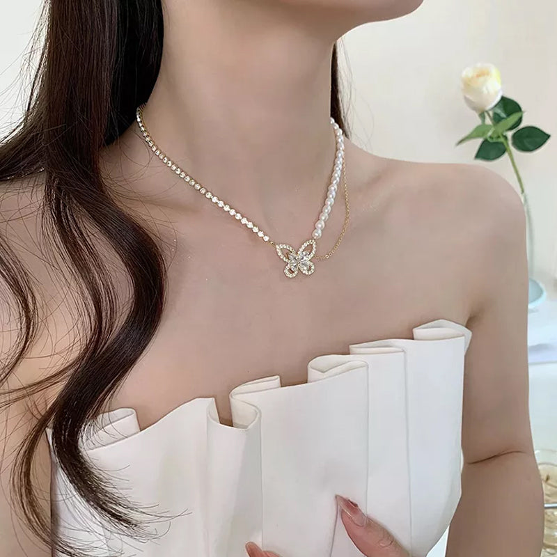 Paneled Pearl Butterfly Zircon Necklace