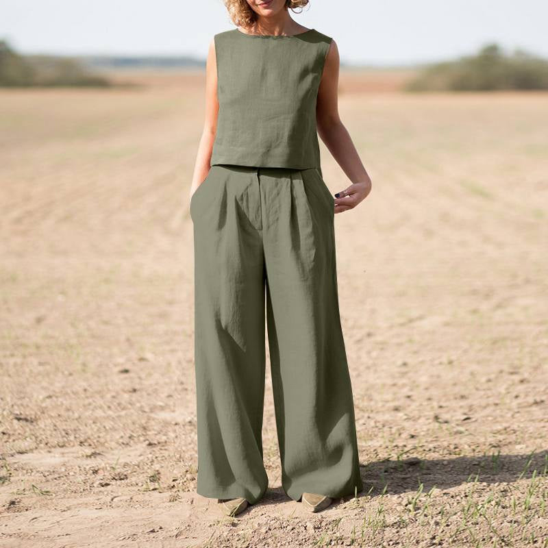 Solid Cotton Linen Casual Sleeveless Loose Suit