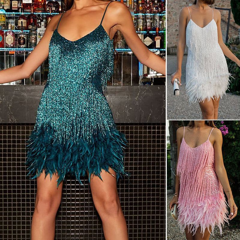 Women's Feather Fringe Sequin Spaghetti Strap Dress
