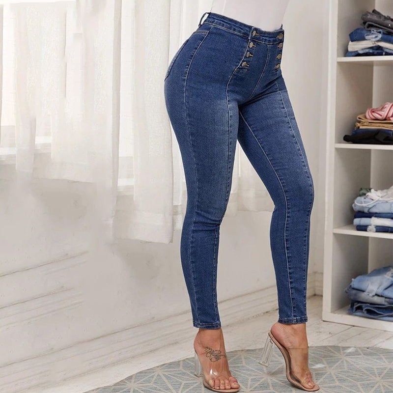 Double-breasted Skinny Jeans with High Waist
