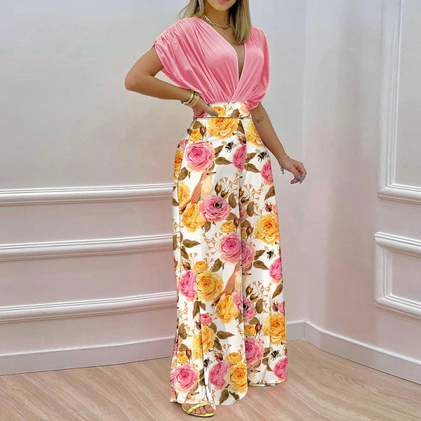 Solid Shirt & Floral Print Loose Pants Set