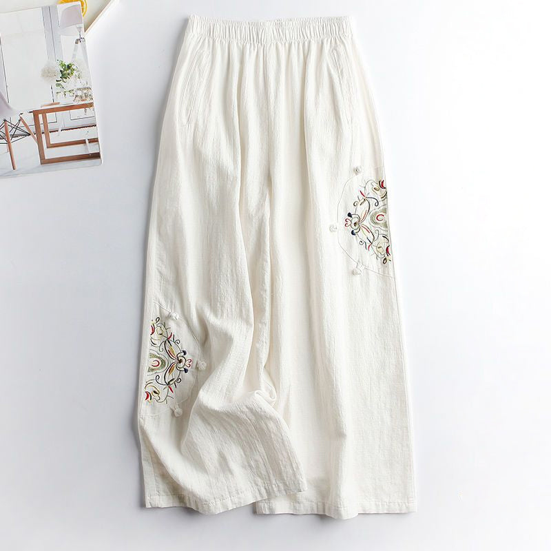 Cotton and Linen Embroidered Wide-leg Pants