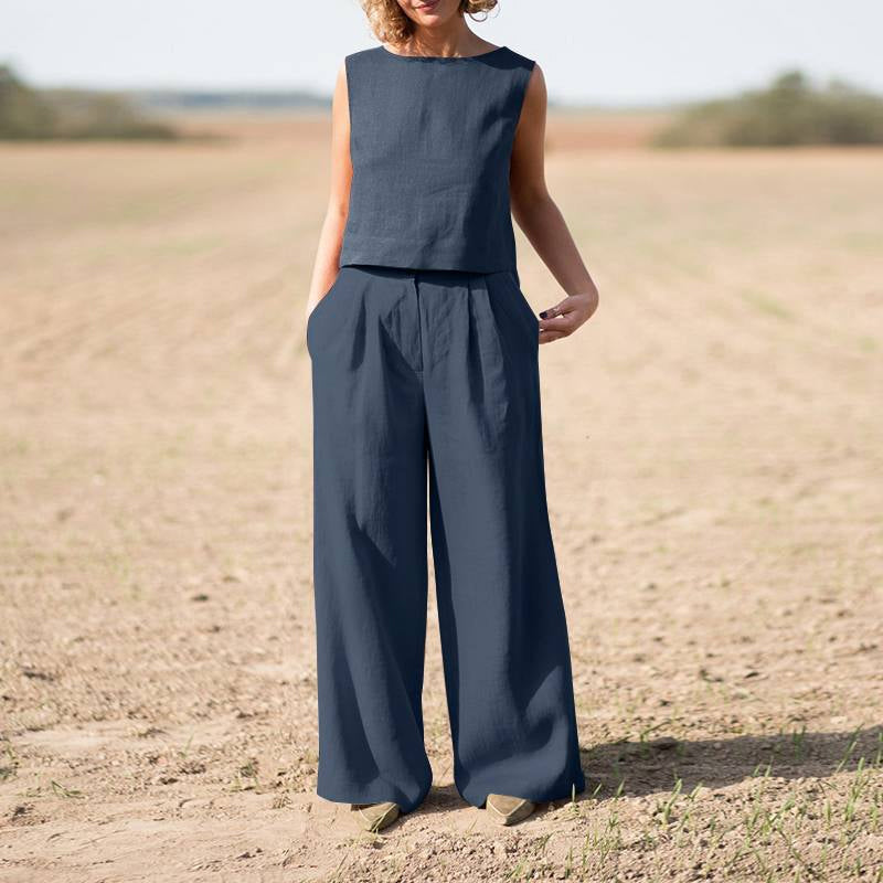Solid Cotton Linen Casual Sleeveless Loose Suit