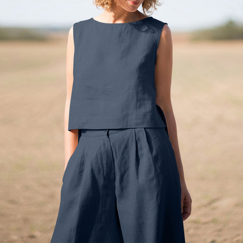 Solid Cotton Linen Casual Sleeveless Loose Suit