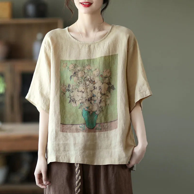 Vintage Printed Cotton Linen T-shirt