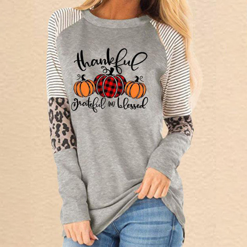Thankful Striped Leopard Splicing Plaid Pumpkin T-Shirt