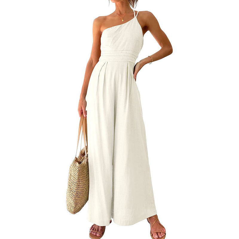 One Shoulder Double Strap Pleated High Waist Wide Leg Jumpsuit