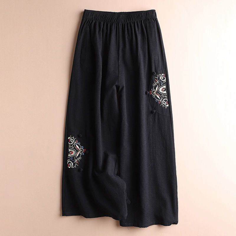 Cotton and Linen Embroidered Wide-leg Pants