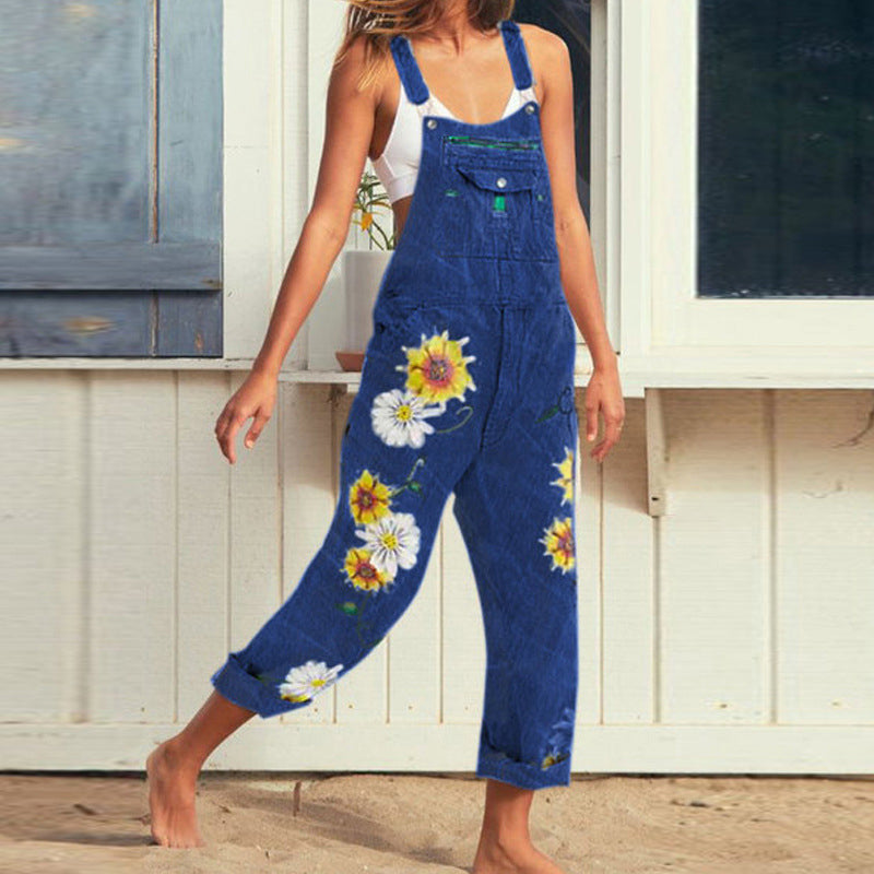 Sleeveless Denim Floral-Print Jumpsuit & Romper Jumpsuit Overalls