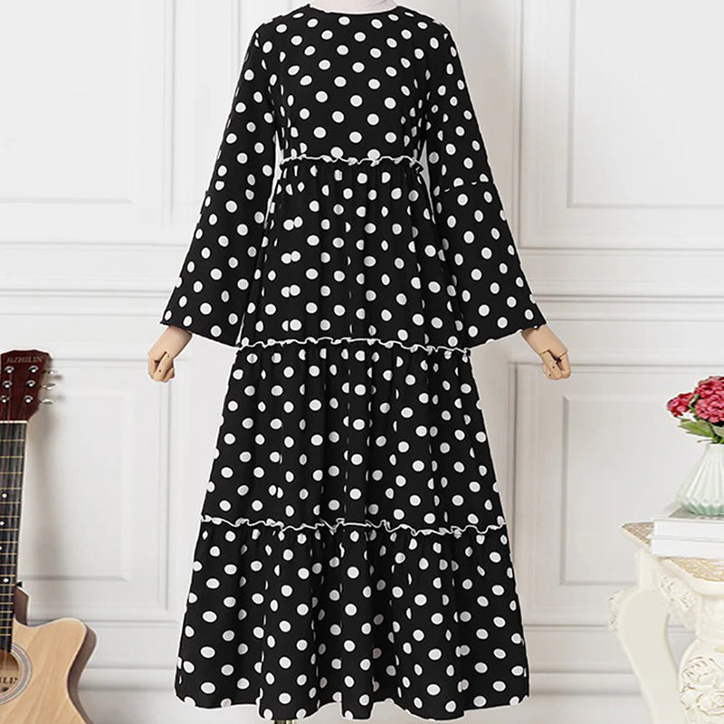 Polka Dot Print Splited Sleeve Pleated Maxi Dress