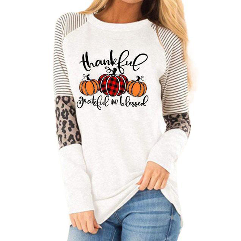 Thankful Striped Leopard Splicing Plaid Pumpkin T-Shirt