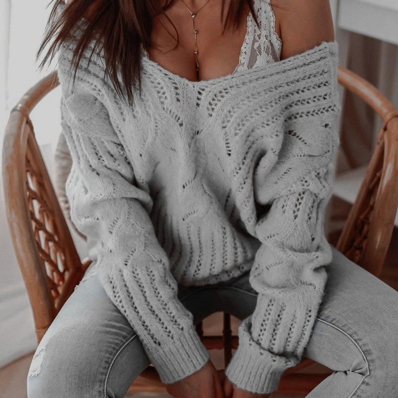 Hollow Out V-Neck Crochet Chunky Knit Sweater