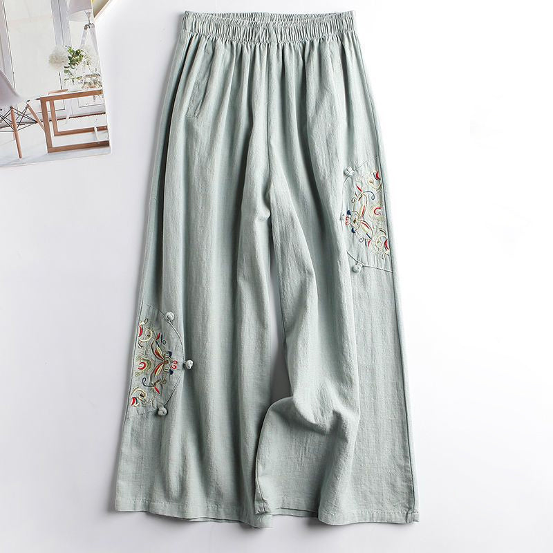 Cotton and Linen Embroidered Wide-leg Pants
