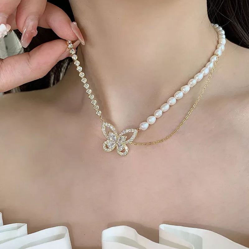 Paneled Pearl Butterfly Zircon Necklace