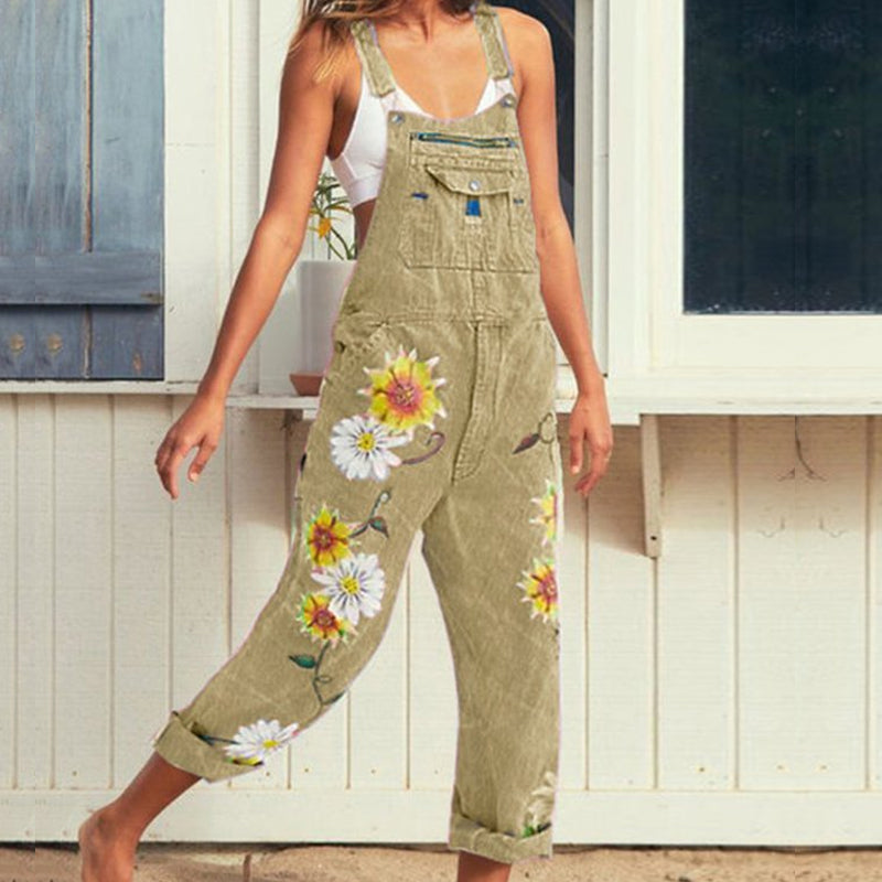Sleeveless Denim Floral-Print Jumpsuit & Romper Jumpsuit Overalls