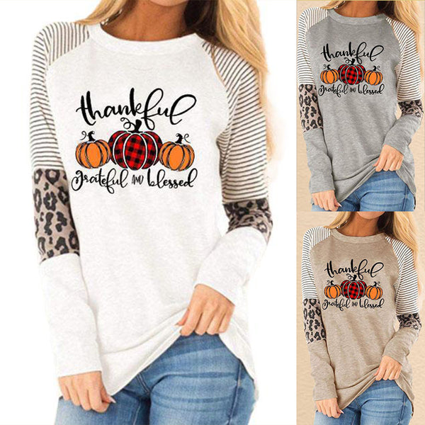 Thankful Striped Leopard Splicing Plaid Pumpkin T-Shirt