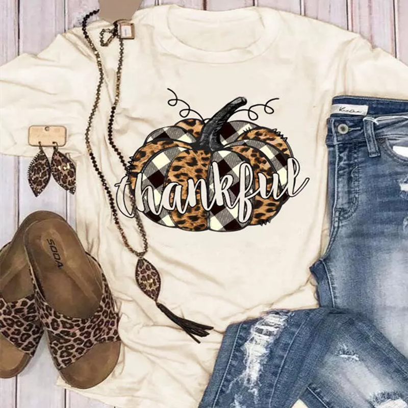 Plaid Leopard Printed Splicing Thankful Pumpkin T-Shirt