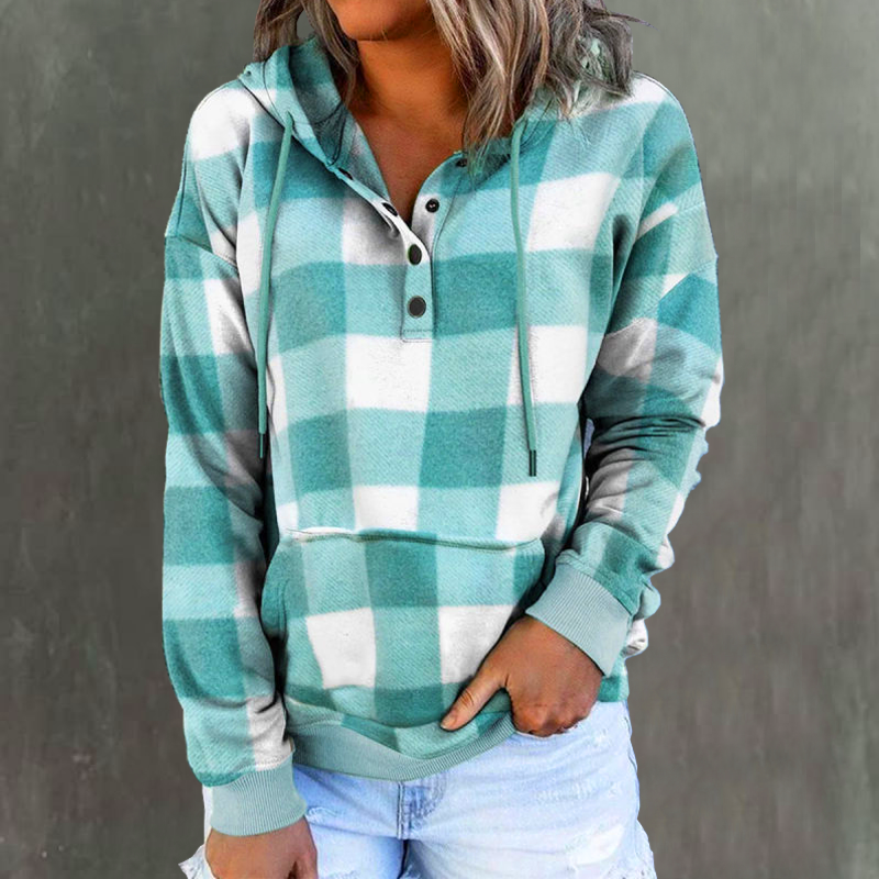 Retro Style Plaid Button Drawstring Sweatshirt