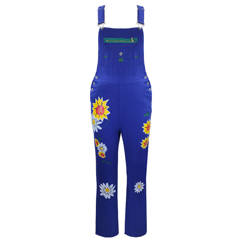 Sleeveless Denim Floral-Print Jumpsuit & Romper Jumpsuit Overalls