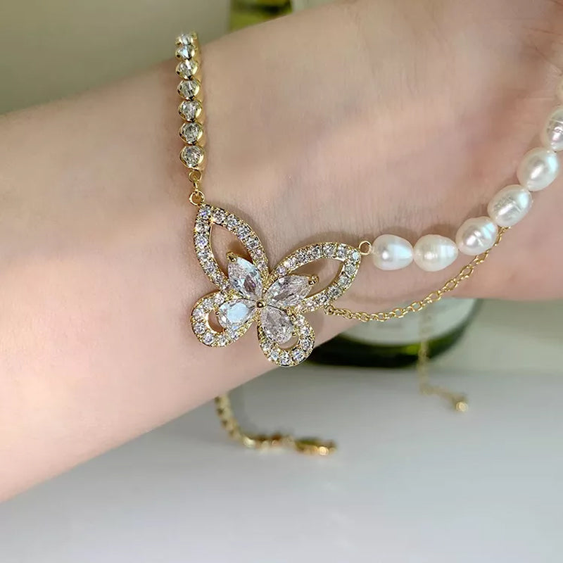 Paneled Pearl Butterfly Zircon Necklace