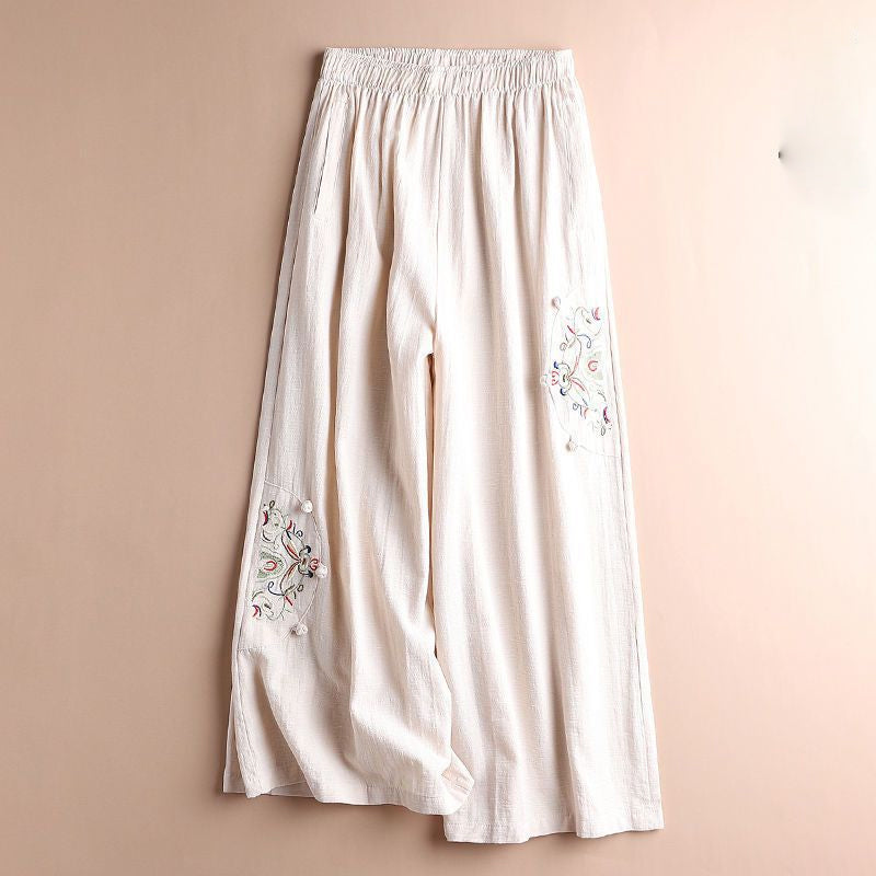 Cotton and Linen Embroidered Wide-leg Pants
