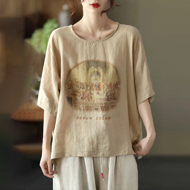 Vintage Printed Cotton Linen T-shirt