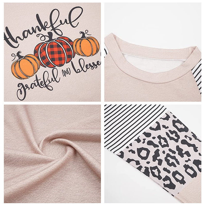 Thankful Striped Leopard Splicing Plaid Pumpkin T-Shirt
